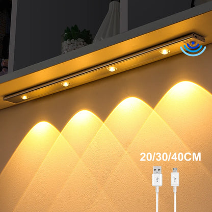 Luces LED ultradelgadas de 30/40/50 cm para iluminación de gabinetes, sensor de movimiento PIR, luces nocturnas inalámbricas recargables por USB, lámpara para gabinetes de cocina 