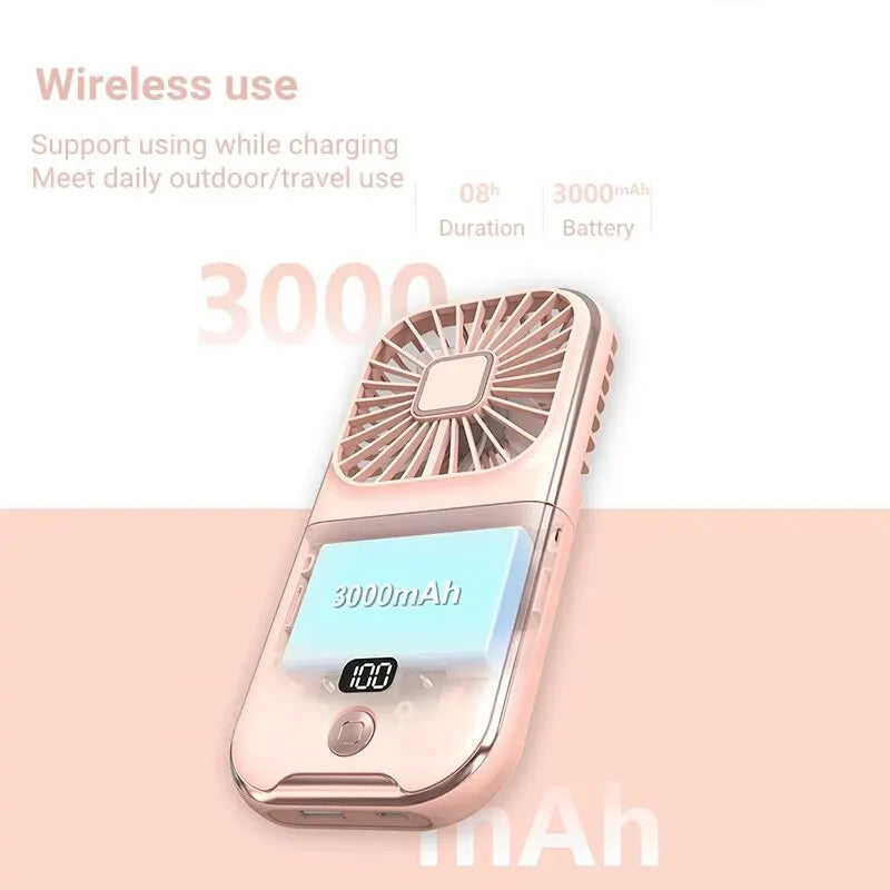 3000mAh Battery Powered Mini Portable Outdoor Handheld Fan Neck Fan USB Rechargeable 180° Folding Wireless Desktop Air Cooling Leedoar