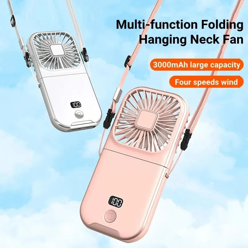 3000mAh Battery Powered Mini Portable Outdoor Handheld Fan Neck Fan USB Rechargeable 180° Folding Wireless Desktop Air Cooling Leedoar