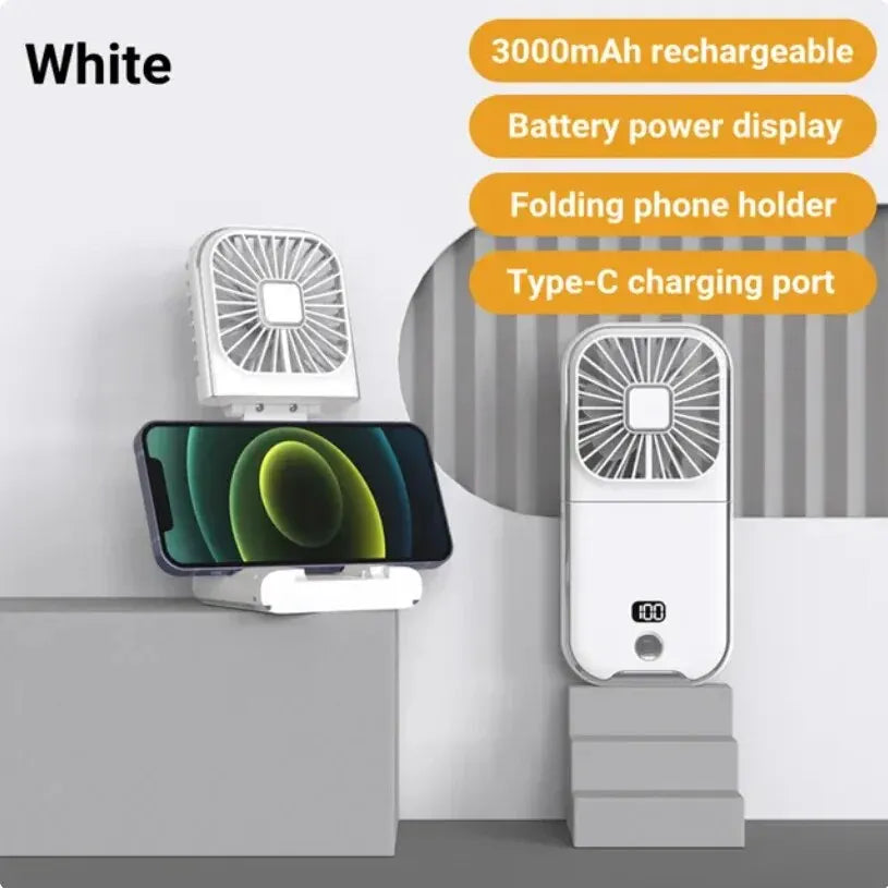 3000mAh Battery Powered Mini Portable Outdoor Handheld Fan Neck Fan USB Rechargeable 180° Folding Wireless Desktop Air Cooling Leedoar