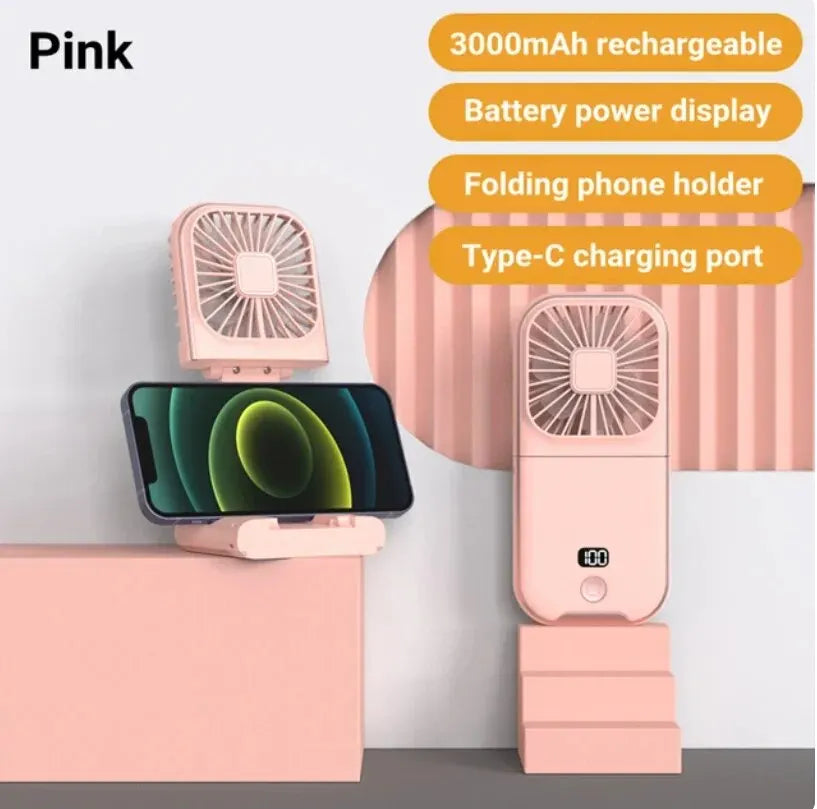 3000mAh Battery Powered Mini Portable Outdoor Handheld Fan Neck Fan USB Rechargeable 180° Folding Wireless Desktop Air Cooling Leedoar