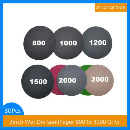 30PCS 3 Inch Wet & Dry Hook and Loop Waterproof Sandpaper Kit Silicon Carbide 800 - 3000 Grits for Sanding Grinding Automotive Leedoar