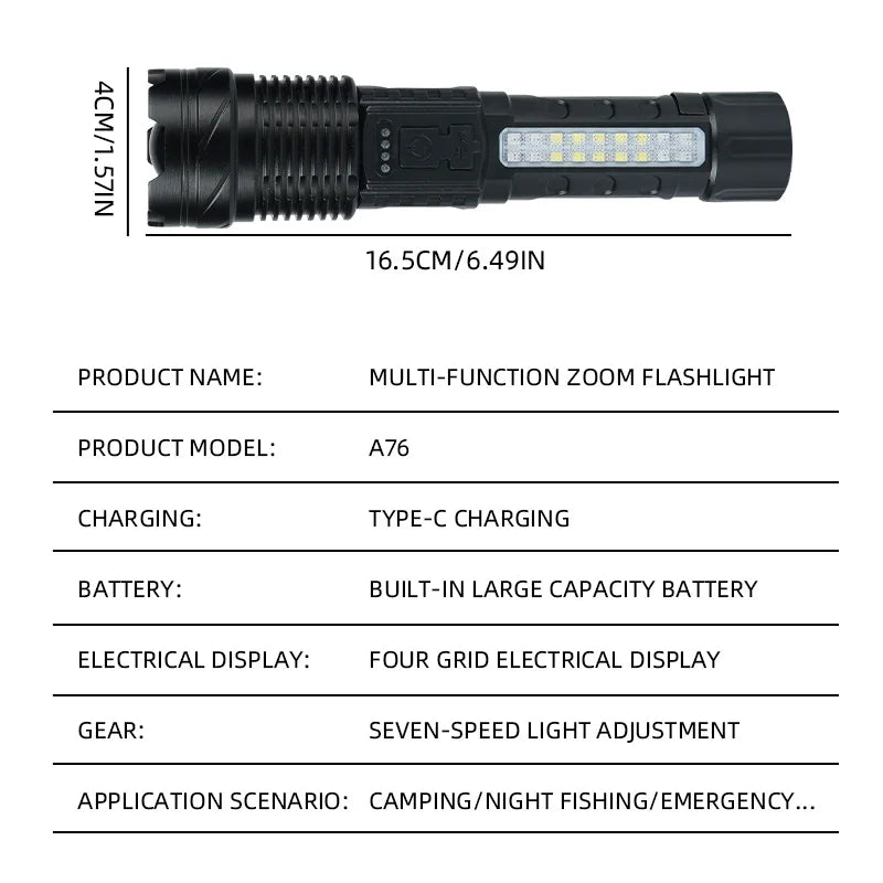 Linterna LED COB P50 de 30 W, potente, portátil, recargable, brillante, para el hogar, con batería incorporada y pantalla de energía 