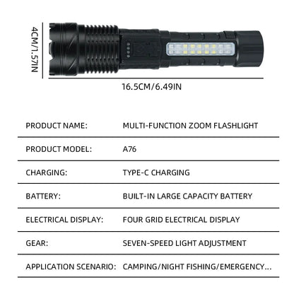 Linterna LED COB P50 de 30 W, potente, portátil, recargable, brillante, para el hogar, con batería incorporada y pantalla de energía 