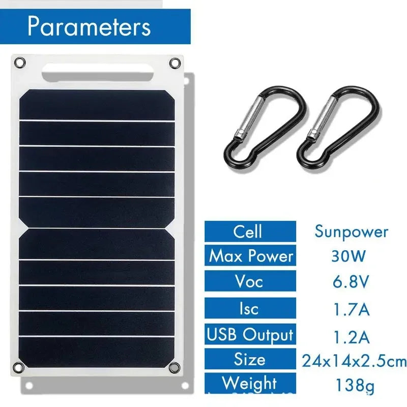 30W Solar Panel With USB Waterproof Outdoor Hiking And Camping Portable Battery Mobile Phone Charging Bank Charging Panel 6.8V Leedoar