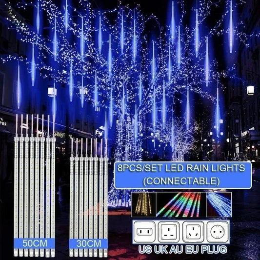 Cadena de luces LED de 30 cm/50 cm, resistente al agua, con lluvia de meteoritos, 8 tubos, para decoración navideña al aire libre, árbol, enchufe UE/EE. UU./AU/Reino Unido 