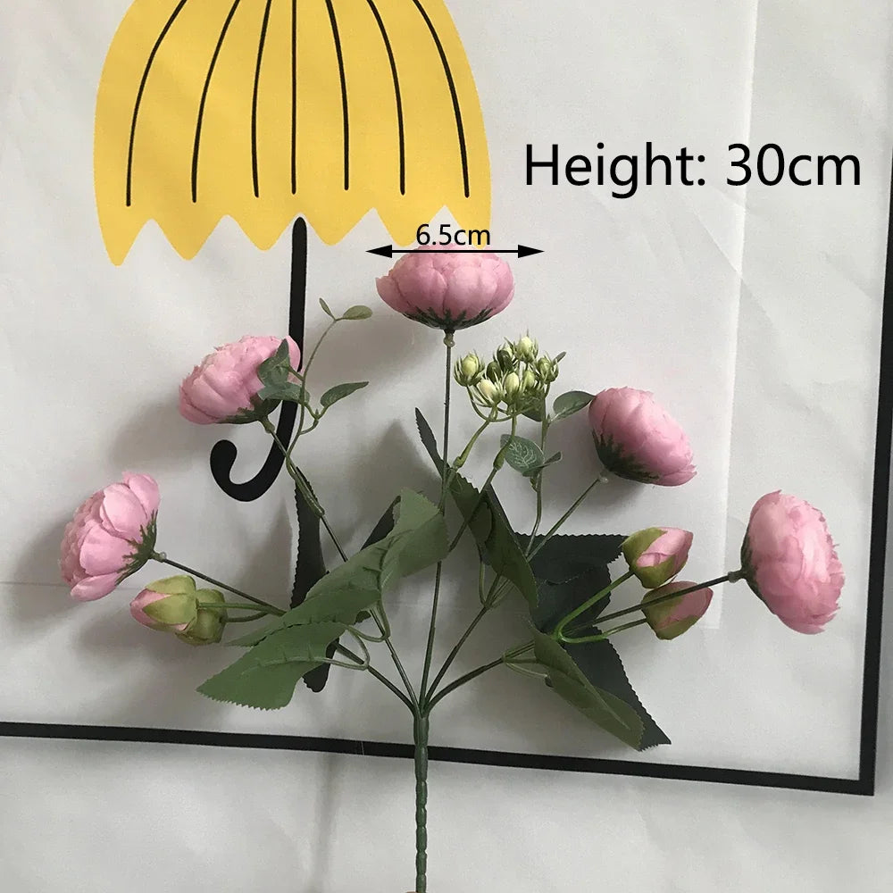 30cm Rose Pink Silk Bouquet Peony Artificial Flowers 5 Big Heads 4 Small Bud Bride Wedding Home Decoration Fake Flowers Faux Leedoar