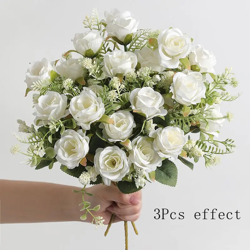 30cm Rose White Silk Bouquet Peony Artificial Flower 5 Big Head 4 Small Bud Wedding Brides Home Decoration Artificial Flower Leedoar