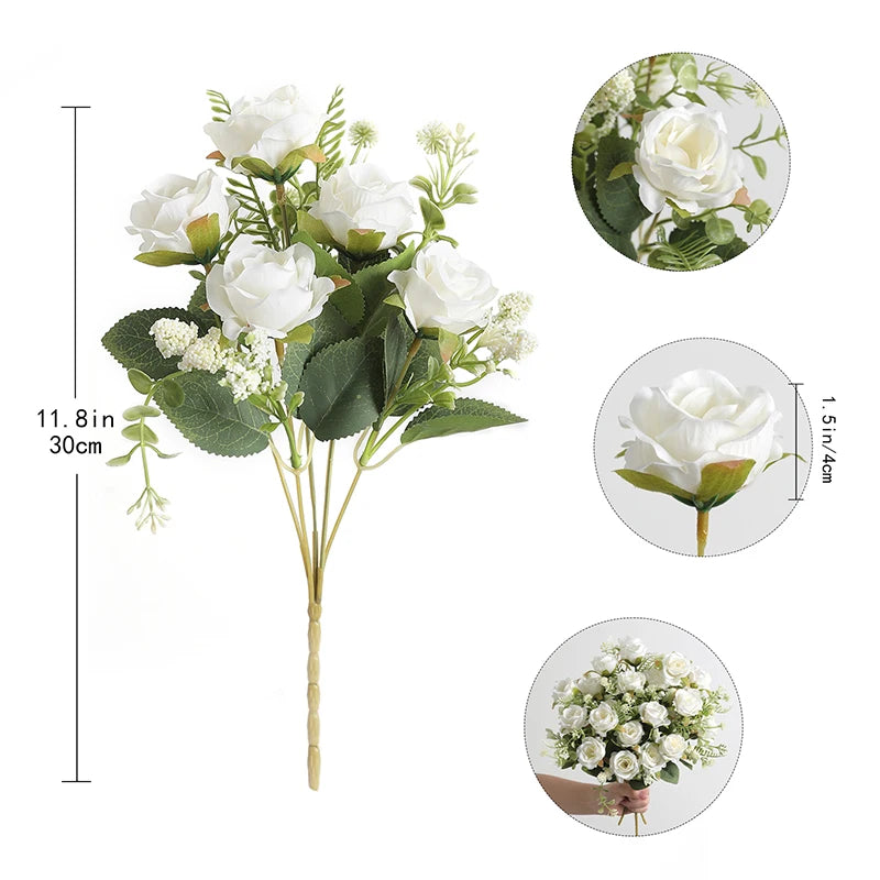 30cm Rose White Silk Bouquet Peony Artificial Flower 5 Big Head 4 Small Bud Wedding Brides Home Decoration Artificial Flower Leedoar