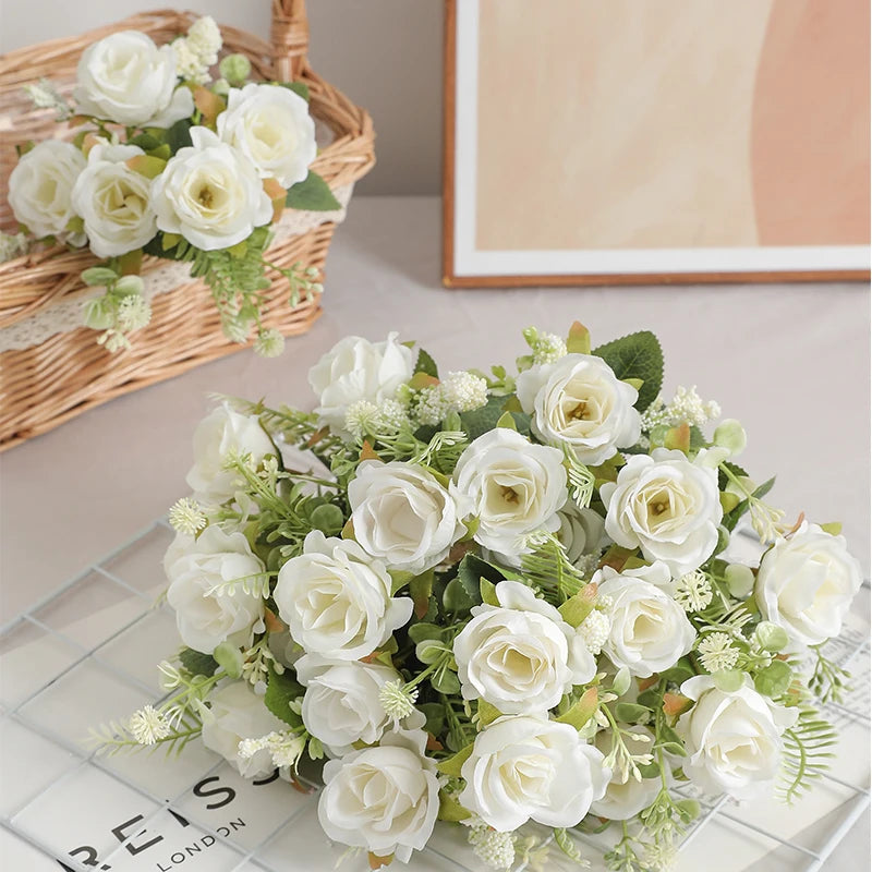 30cm Rose White Silk Bouquet Peony Artificial Flower 5 Big Head 4 Small Bud Wedding Brides Home Decoration Artificial Flower Leedoar