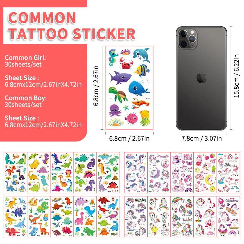 30pcs Children's Tattoo Stickers Kids Girl Boy Body Paster Unicorn Butterfly Mermaid Animal Dinosaur Ocean Car Cartoon Stickers Leedoar