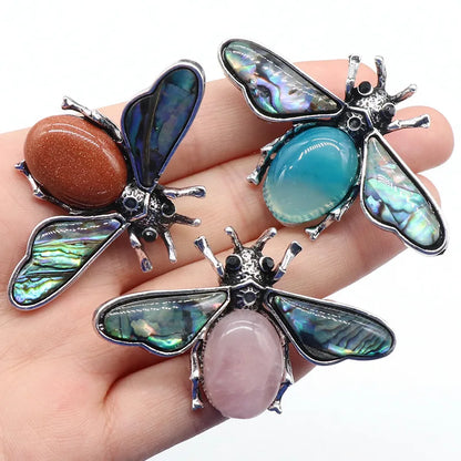 Colgante con forma de abeja de 35 x 56 mm, piedra natural, cristal, ágata, concha de abulón, broche, dijes para hacer joyas, accesorio para collar DIY 