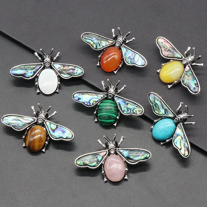 Colgante con forma de abeja de 35 x 56 mm, piedra natural, cristal, ágata, concha de abulón, broche, dijes para hacer joyas, accesorio para collar DIY 