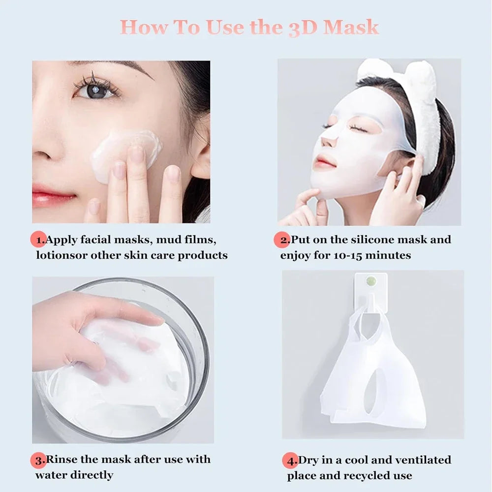 Capa de máscara facial de silicone 3D reutilizável para pendurar na orelha, protetor facial hidratante antienvelhecimento, máscara antievaporação de absorção dupla 