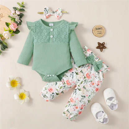 3PCS Baby Girl Clothes Set Long Sleeve Romper Top+Flowers Pant+Headband Spring&Autumn Lovely Outfit for Toddler Girl 0-18 Months Leedoar