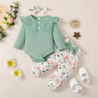 3PCS Baby Girl Clothes Set Long Sleeve Romper Top+Flowers Pant+Headband Spring&Autumn Lovely Outfit for Toddler Girl 0-18 Months Leedoar