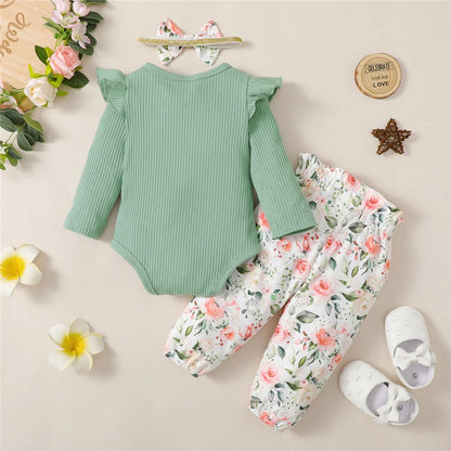 3PCS Baby Girl Clothes Set Long Sleeve Romper Top+Flowers Pant+Headband Spring&Autumn Lovely Outfit for Toddler Girl 0-18 Months Leedoar