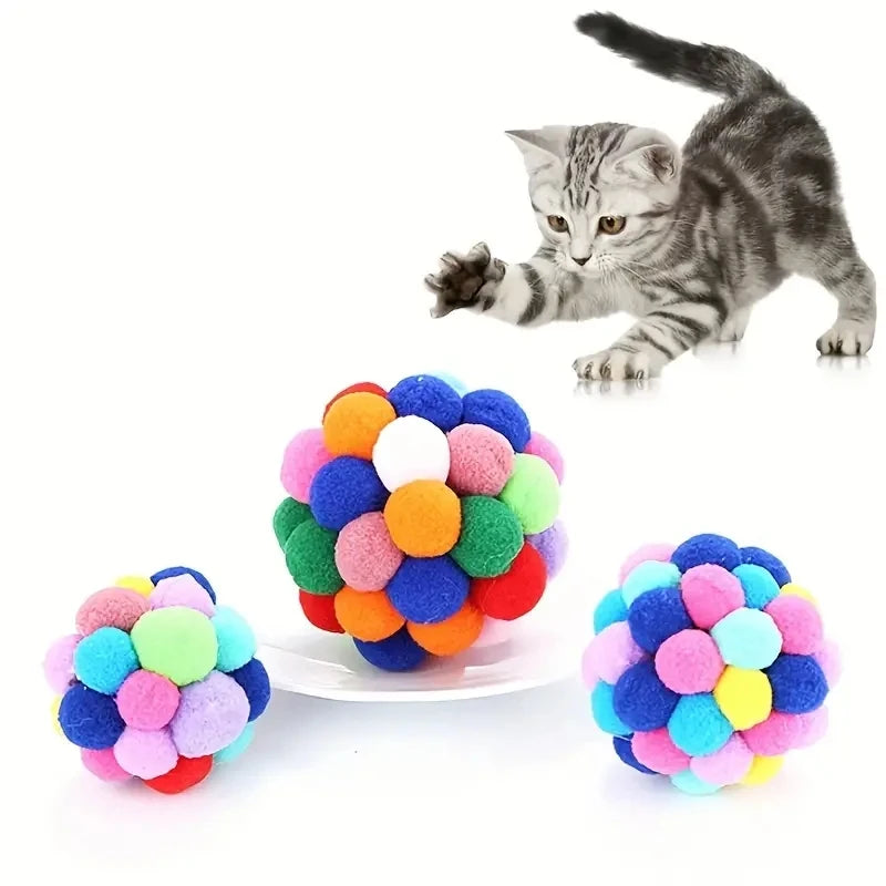 3PCS Cat Toys Cat Plush Ball Toy Pet Elastic Bell Ball Self Hi Ball Playing Cat Colorful Woolen Ball Leedoar