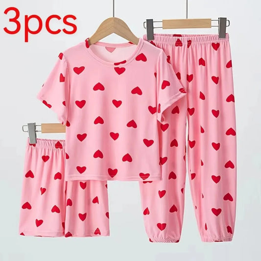 3PCS Girl Summer Love Short-sleeved Pants Shorts Three-piece Girl Ōwarawa Comfortable Thin Air-conditioned Pajama Suit Leedoar