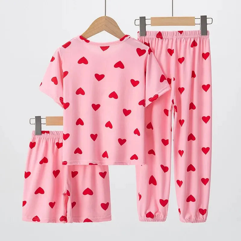 3PCS Girl Summer Love Short-sleeved Pants Shorts Three-piece Girl Ōwarawa Comfortable Thin Air-conditioned Pajama Suit Leedoar