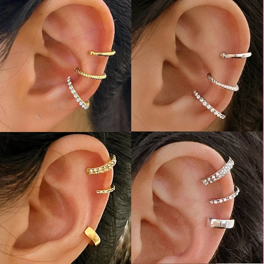 3PCS Vintage Simple Metal Crystal Ear Cuff for Women Teens Gold Color Non Piercing Fake Cartilage Clip Earrings Set Jewelry Gift Leedoar