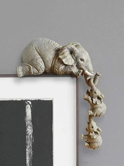 3PCS/set Elephant Sitter Hand-Painted Figurines,Full Size Mother and Two Babies Hanging Off The Edge of a Shelf Or Table,Resin Leedoar