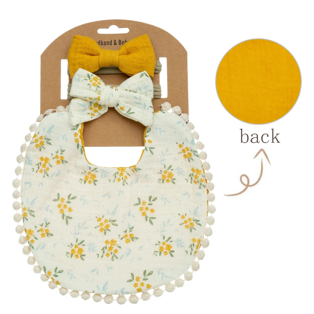 3Pcs/Set Baby Flower Bibs & Headbands Bow Nylon Hairbands Double Side Saliva Towel Feeding Burp Cloth Scarf Boys Girls Headwear Leedoar