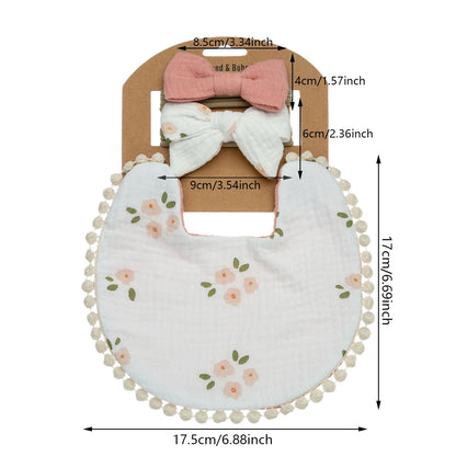 3Pcs/Set Baby Flower Bibs & Headbands Bow Nylon Hairbands Double Side Saliva Towel Feeding Burp Cloth Scarf Boys Girls Headwear Leedoar