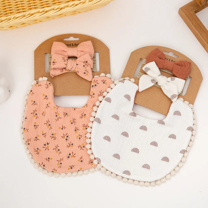 3Pcs/Set Baby Flower Bibs & Headbands Bow Nylon Hairbands Double Side Saliva Towel Feeding Burp Cloth Scarf Boys Girls Headwear Leedoar