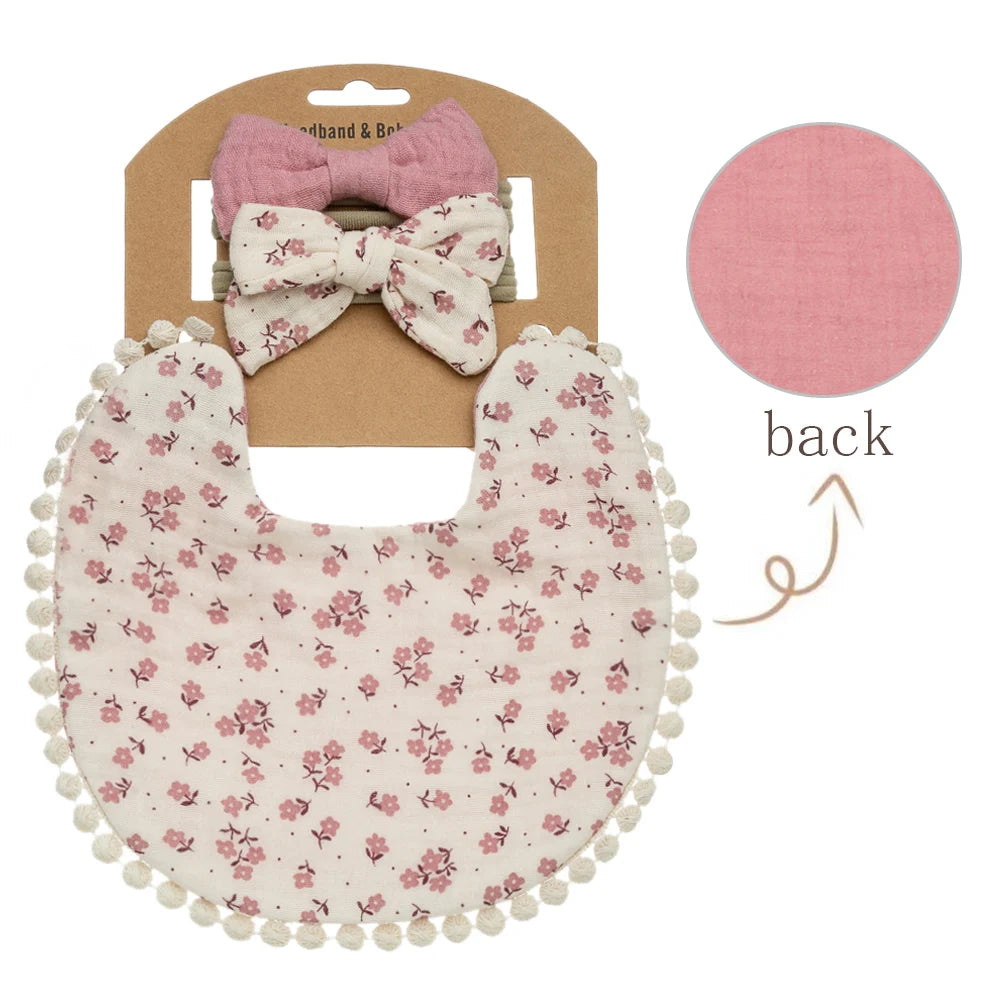 3Pcs/Set Baby Flower Bibs & Headbands Bow Nylon Hairbands Double Side Saliva Towel Feeding Burp Cloth Scarf Boys Girls Headwear Leedoar