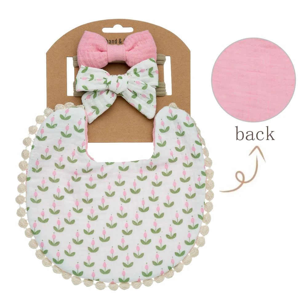 3Pcs/Set Baby Flower Bibs & Headbands Bow Nylon Hairbands Double Side Saliva Towel Feeding Burp Cloth Scarf Boys Girls Headwear Leedoar