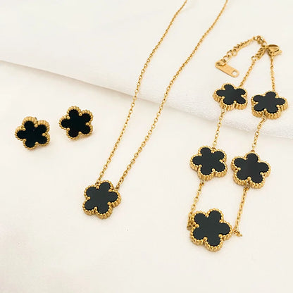 3Pcs Stainless Steel 316L Luxury Plum Blossom Plant Five Leaf Flower Necklace Earrings Bracelet for Women Gift Jewelry Sets Leedoar