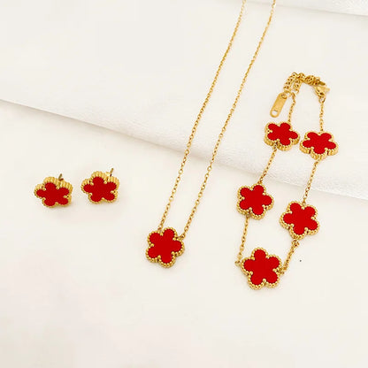 3Pcs Stainless Steel 316L Luxury Plum Blossom Plant Five Leaf Flower Necklace Earrings Bracelet for Women Gift Jewelry Sets Leedoar