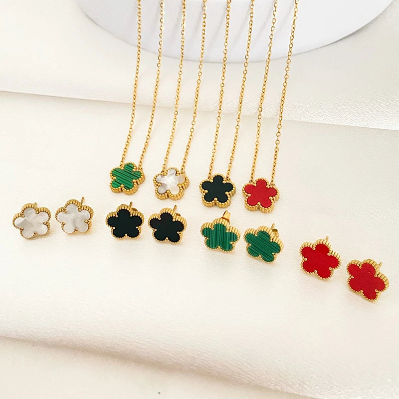 3Pcs Stainless Steel 316L Luxury Plum Blossom Plant Five Leaf Flower Necklace Earrings Bracelet for Women Gift Jewelry Sets Leedoar