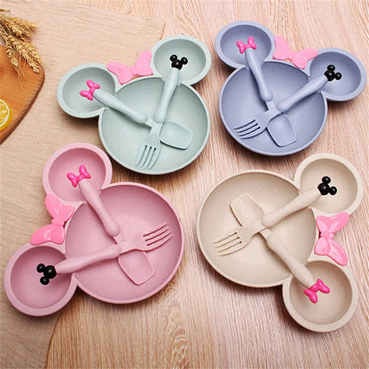 3Pcs/set Cartoon Baby Bowl Tableware Set Wheat Straw Children's Dishes Kids Dinner Feeding Plate Bowknot Food Plate Spoon Fork Leedoar