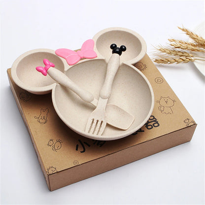 3Pcs/set Cartoon Baby Bowl Tableware Set Wheat Straw Children's Dishes Kids Dinner Feeding Plate Bowknot Food Plate Spoon Fork Leedoar