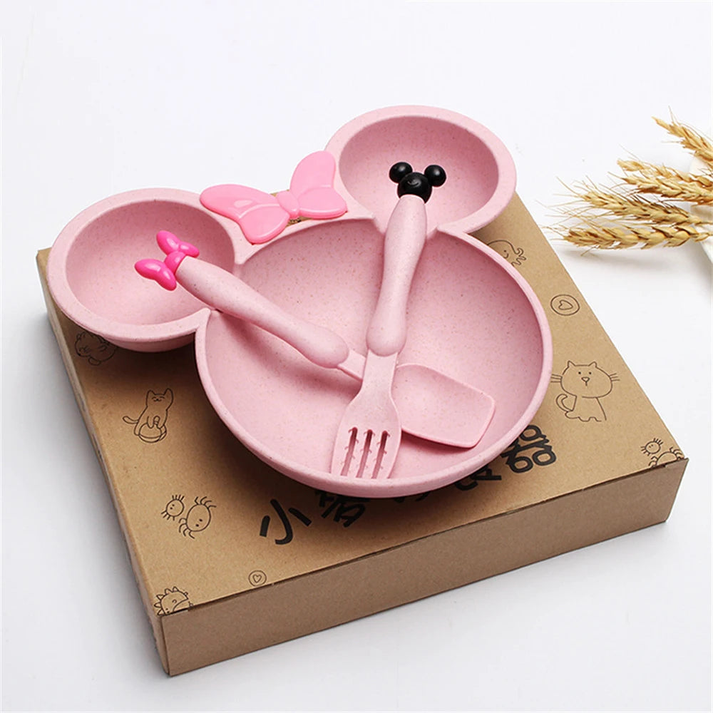 3Pcs/set Cartoon Baby Bowl Tableware Set Wheat Straw Children's Dishes Kids Dinner Feeding Plate Bowknot Food Plate Spoon Fork Leedoar