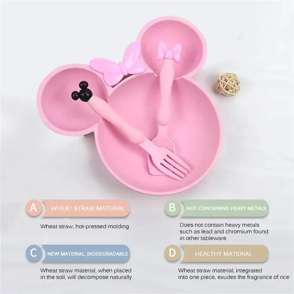 3Pcs/set Cartoon Baby Bowl Tableware Set Wheat Straw Children's Dishes Kids Dinner Feeding Plate Bowknot Food Plate Spoon Fork Leedoar