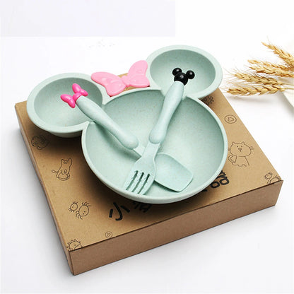 3Pcs/set Cartoon Baby Bowl Tableware Set Wheat Straw Children's Dishes Kids Dinner Feeding Plate Bowknot Food Plate Spoon Fork Leedoar