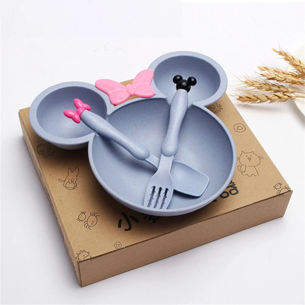 3Pcs/set Cartoon Baby Bowl Tableware Set Wheat Straw Children's Dishes Kids Dinner Feeding Plate Bowknot Food Plate Spoon Fork Leedoar