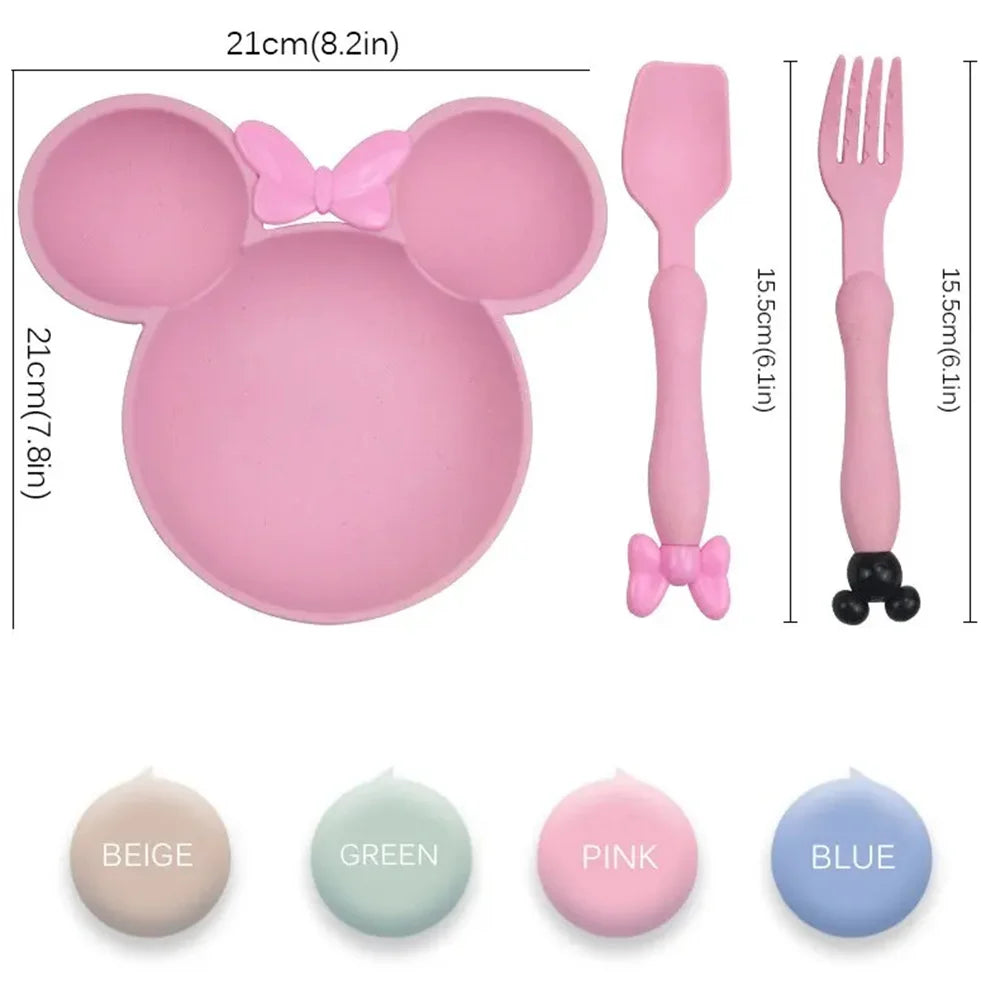 3Pcs/set Cartoon Baby Bowl Tableware Set Wheat Straw Children's Dishes Kids Dinner Feeding Plate Bowknot Food Plate Spoon Fork Leedoar