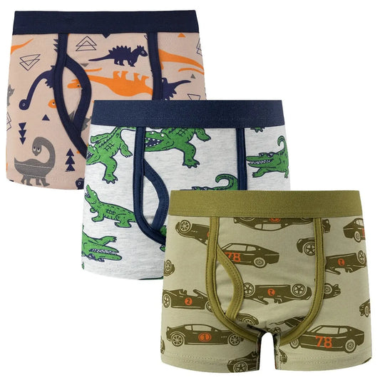 3 piezas de ropa interior para niños pequeños, suave, transpirable, con estampado de camión de bomberos y dinosaurios, cómodos calzoncillos tipo bóxer - Moda infantil 