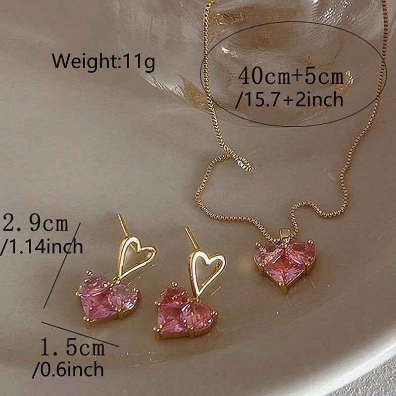 3pcs Trendy Y2k Heart-shaped Zircon Pink Crystal Pendant Earrings Necklaces Set for Women Heart Elegant Exquisite Party Jewelr Leedoar