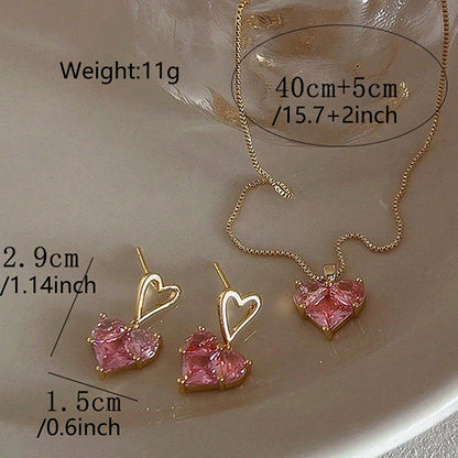 3pcs Trendy Y2k Heart-shaped Zircon Pink Crystal Pendant Earrings Necklaces Set for Women Heart Elegant Exquisite Party Jewelr Leedoar