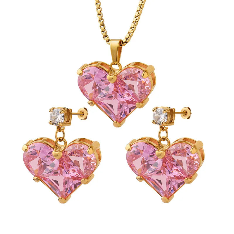 3pcs Trendy Y2k Heart-shaped Zircon Pink Crystal Pendant Earrings Necklaces Set for Women Heart Elegant Exquisite Party Jewelr Leedoar