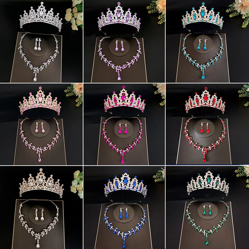 Juego de 3 piezas de tiara de novia de cristal y pendientes de corona, collar, conjunto de joyas para mujeres, princesas y niñas, tiara de boda con joyas para novia 