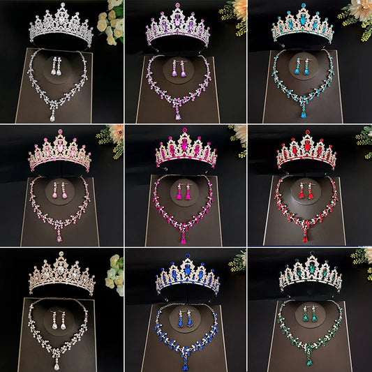 3 peças/conjunto de tiara de cristal para noiva e brincos de coroa, colar, conjunto de joias para mulheres, princesas, meninas, tiara de casamento com joias para noiva 