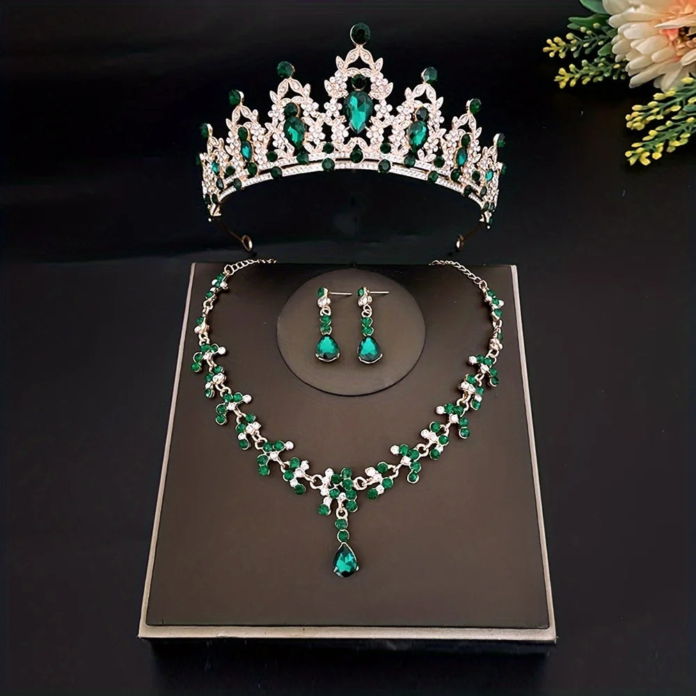 Juego de 3 piezas de tiara de novia de cristal y pendientes de corona, collar, conjunto de joyas para mujeres, princesas y niñas, tiara de boda con joyas para novia 