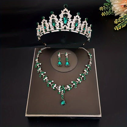 3 peças/conjunto de tiara de cristal para noiva e brincos de coroa, colar, conjunto de joias para mulheres, princesas, meninas, tiara de casamento com joias para noiva 