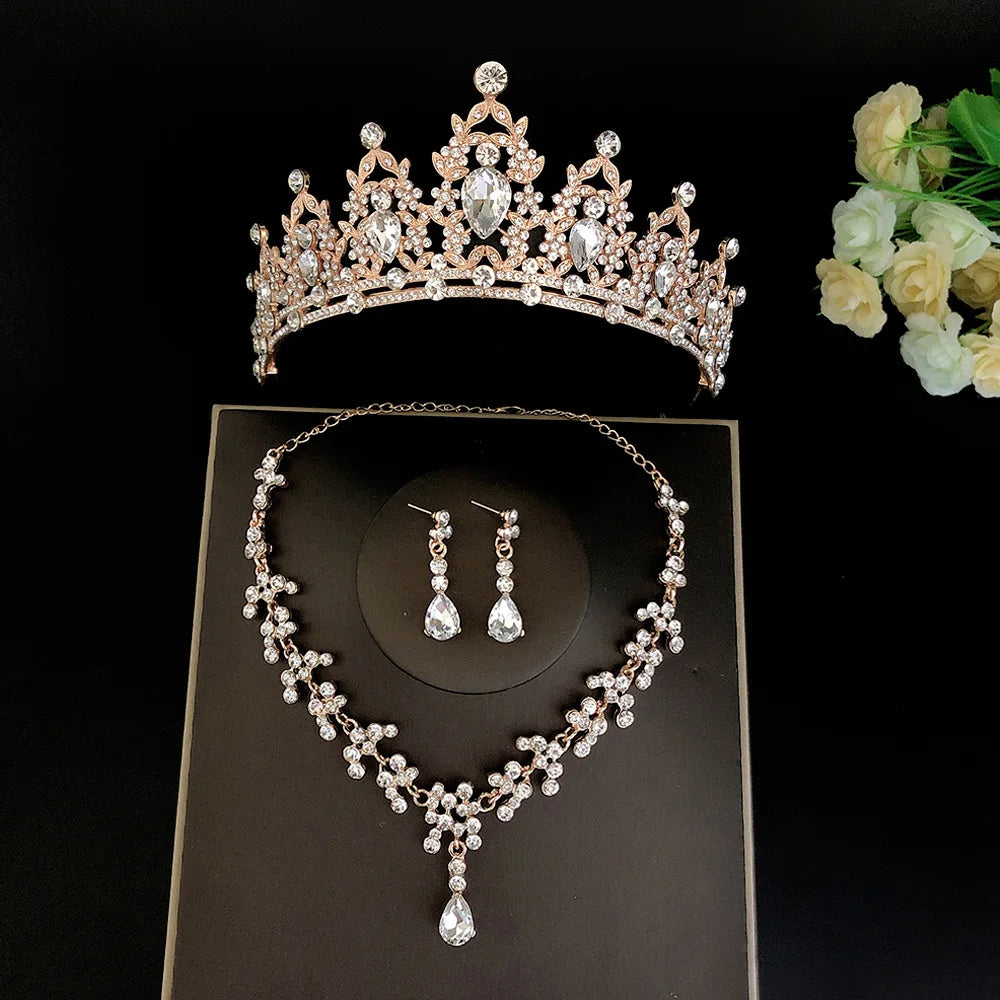 3pcs/set Crystal Bridal Tiara And Crown Earrings Necklace Jewelry Set For Women Princess Girls,Jeweled Wedding Tiara For Bride